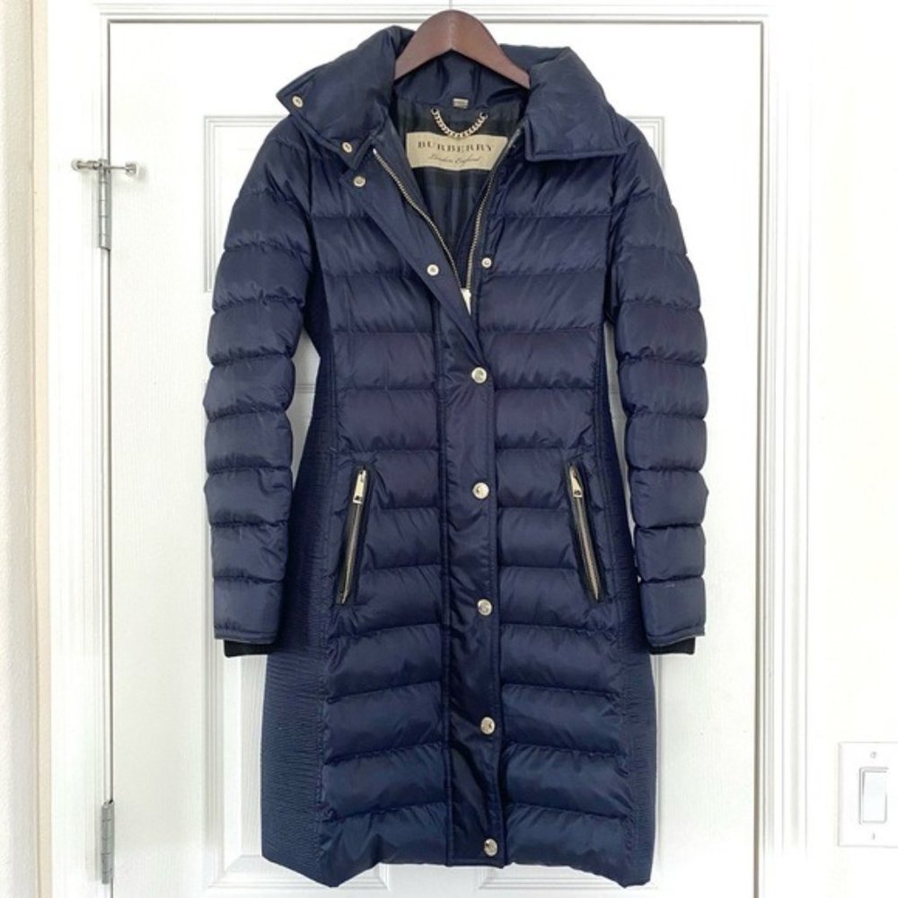 Burberry Abbeydale Down Filled Puffer Long Coat in Dark Navy Size US 2 *No Belt